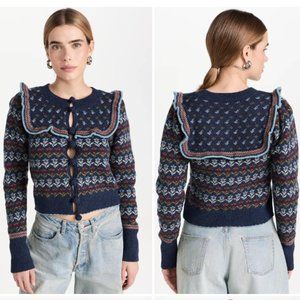 NEW SEA Anna Ruffled Cropped Merino Wool-jacquard Cardigan M Women